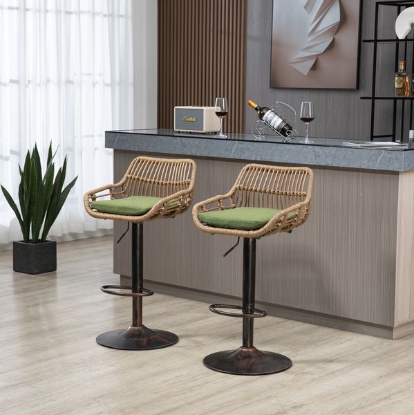 2 Barhocker Set, 49x48x89-109 cm, höhenverstellbar 65-85 cm, Grün Leinen