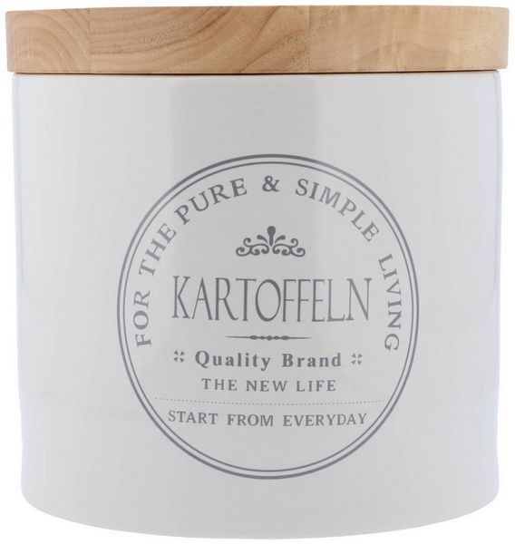 KHG Kartoffeltopf Keramik Steingut Weiß Holzdeckel Bambus, Kartoffel Aufbewahrung, Kapazität 10 Liter, Kartoffelbehälter rund, atmungsaktive Luftlöchern & Beschriftung, spülmaschinengeeignet
