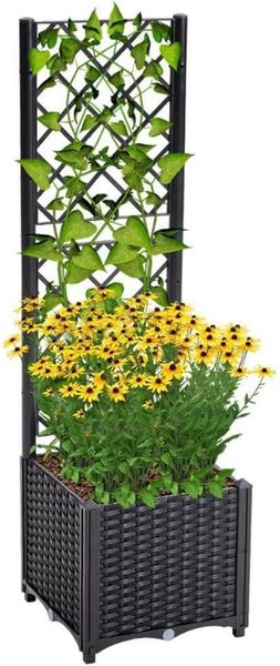 Mingone Pflanzkübel Rattan Spalier Selbstbewässerung Garten Schwarz 40x40x136cm