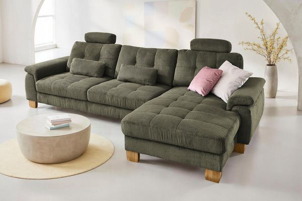 Die PlanBar Ecksofa PP-LA19101 L-Form, Breite 316 cm, wahlweise mit Bettfunktion und verstellbaren Kopfstützen, in Cord