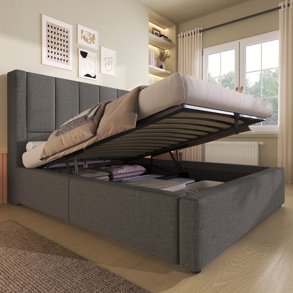 Polsterbett 90x200 cm mit Stauraum und Ladestation – Einzelbett aus Leinen in Grau