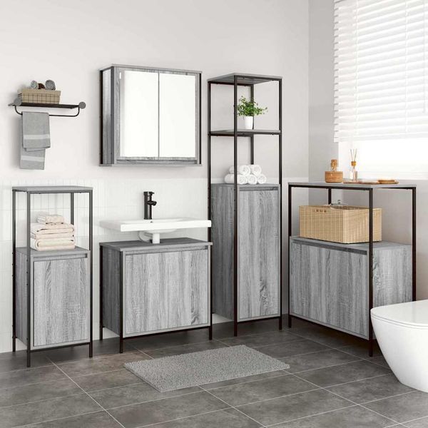 vidaXL Badezimmermöbel-Set 5 pcs Grau Sonoma und Schwarz Holzwerkstoff 3328387