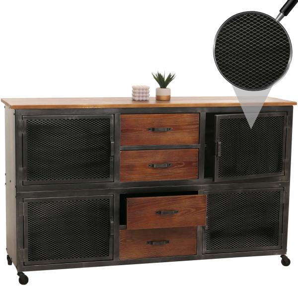 Sideboard HWC-N28, Kommode, Rollen 4 Schubladen, 3D-Struktur Industrial Retro Metall Holz 90x150x40cm ~ schwarz, braun