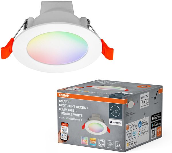 Osram SMART+ Matter Recess LED Downlight Weiß 86mm, 4,5W, 300lm, RGB+TW 3000-6500K, WiFi, Alexa, 110°, Einbau