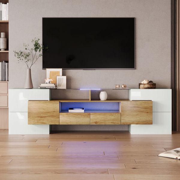 TV-Schrank 200 x 35 x 60 cm, MDF in Hochglanzweiß und Holzoptik mit LED-Beleuchtung