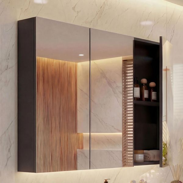 Spiegelschrank HWC-B19b, Badschrank Hängeschrank, 6 Regalböden hochglanz FSC®-zertifiziert 70x80x16cm ~ schwarz