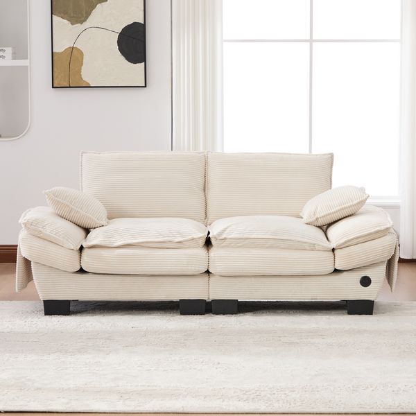 Sofa 190 x 73 x 84 cm in Beige, Corduroy 2-Sitzer mit ergonomischer Sitzfläche, USB-C-Anschluss und Seitentaschen