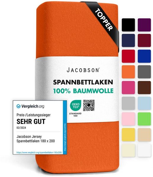 JACOBSON Jersey Spannbettlaken Spannbetttuch Baumwolle Bettlaken (Topper 140-160x200 cm, Orange)