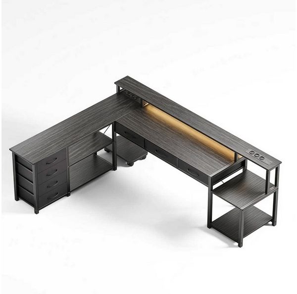 BBWL Computertisch Computer Schreibtisch aus P2 Spanplatte mit 7 Stoffschubladen (stabilem Metallgestell, RGB LED Beleuchtung, Steckdose 3AC+2USB und flexiblem PC-Ständer für Büro & Gaming)
