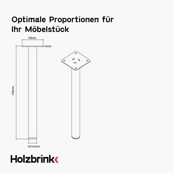 HOLZBRINK Tischbein Tischbeine 43 cm Metall Schwarz 4 Stk. Ø42,4 mm, Möbelfüße für Couchtisch, Nachttisch, Bank, TV-Tisch