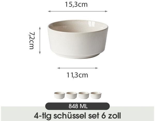 JIWOO Salatschüssel 4er Ø15,3cm, Müslischüssel Suppenschüssel Suppenschale Dessertschale, Keramik, (Set, 4-tlg), Schüssel Hochwertiges Schüsseln Weiß Mikrowellen spülmaschinenfest