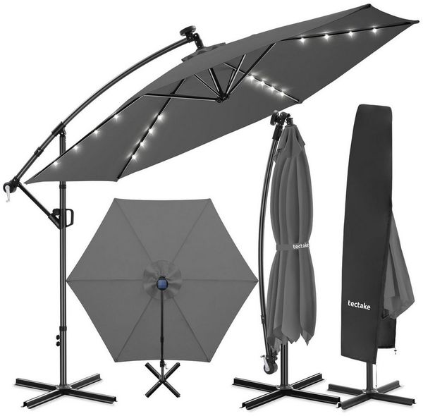 tectake Ampelschirm Sonnenschirm mit Doppeldach und LED Solar-Beleuchtung, 3,5x3,5 m, Balkonschirm Artemis, für Außen in Grau, 360° drehbar, wasserabweisend, neigbar, Kurbel, inkl. Schutzhülle