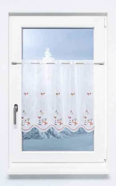 Scheibengardine Plauener Spitze - Schneemann mit Vöglein (Bx H) 48cm * 55cm rot/rot-silber