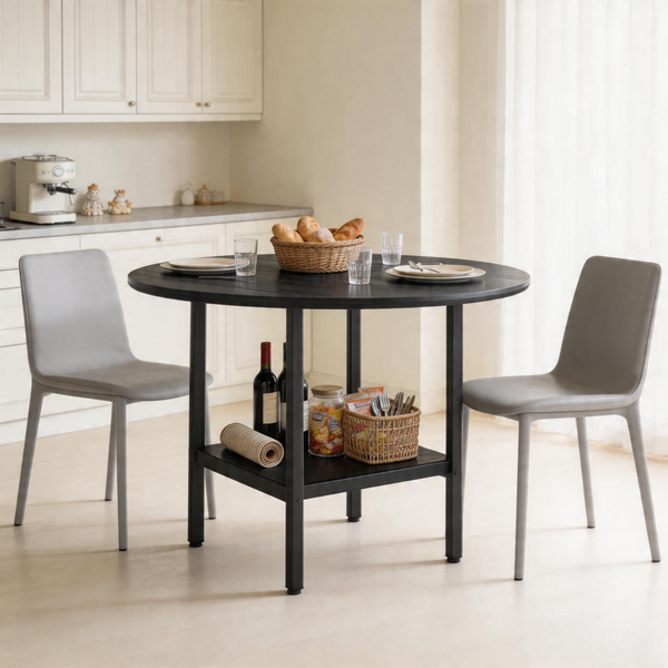 Moderner runder Esstisch mit Stauraumregal, schwarze Holzmaserung und schwarzer Metallrahmen, passend für 4–6 Personen Essgruppe, ideal für Küche, Esszimmer und kleine Räume