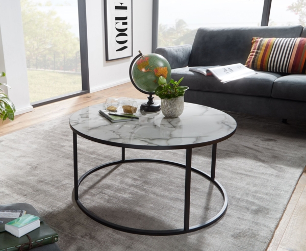 Couchtisch Rund 80 x 40 x 80 cm mit Marmor Optik Weiß Bild 2