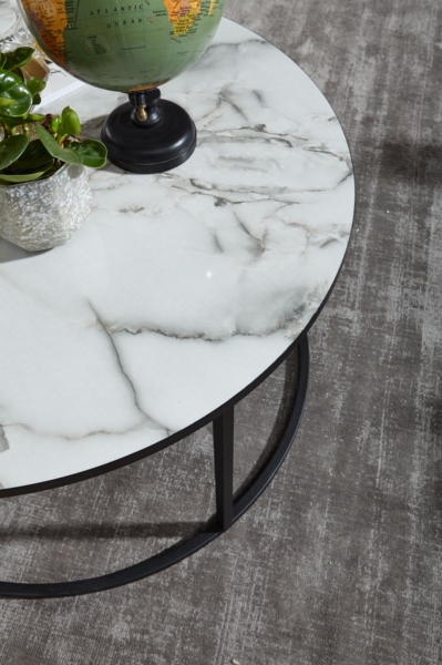 Couchtisch Rund 80 x 40 x 80 cm mit Marmor Optik Weiß Bild 4