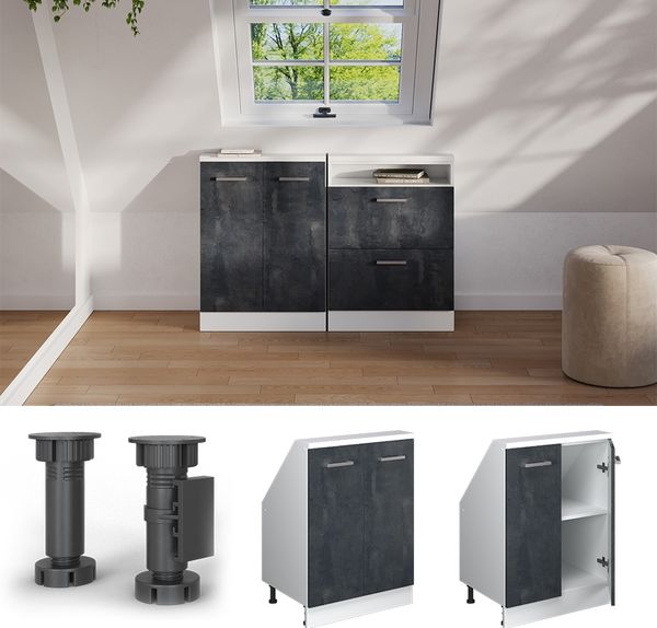 Küchenschrank für Dachschrägen R-Line Schwarz Beton 60 cm mit 2 Türen Vicco Bild 5
