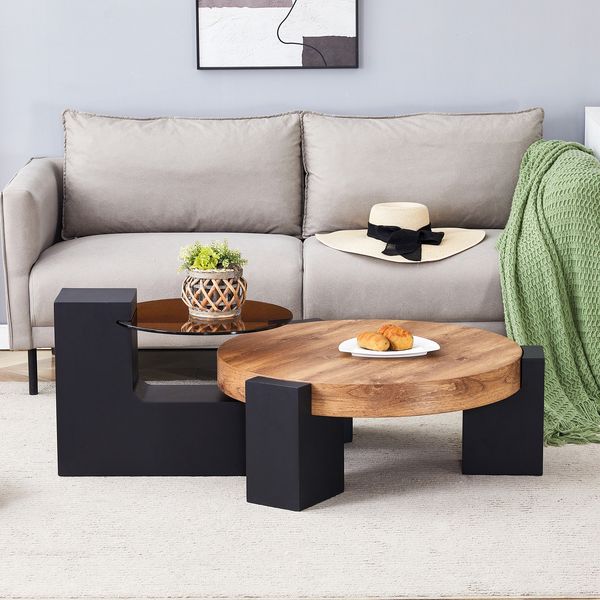 Couchtisch-Set rund, 61x61 x H 30 cm und 44x44 x H 44 cm, 2 Ebenen, Glasplatte & MDF in Holzoptik