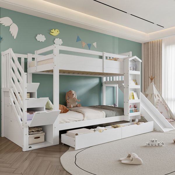 Merax Etagenbett, 90x200cm Kinderbett, Mit Bilderbuchregal, zwei Schubladen auf Rollen und Kinderrutsche, Treppenaufbewahrungs-Schrank, Weiß