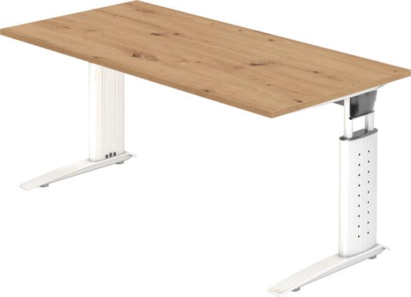bümö höhenverstellbarer Schreibtisch U-Serie 160x80 Asteiche, Gestell in weiß - PC Tisch für's Büro manuell höhenverstellbar, Computertisch verstellbar, US-16-R-W