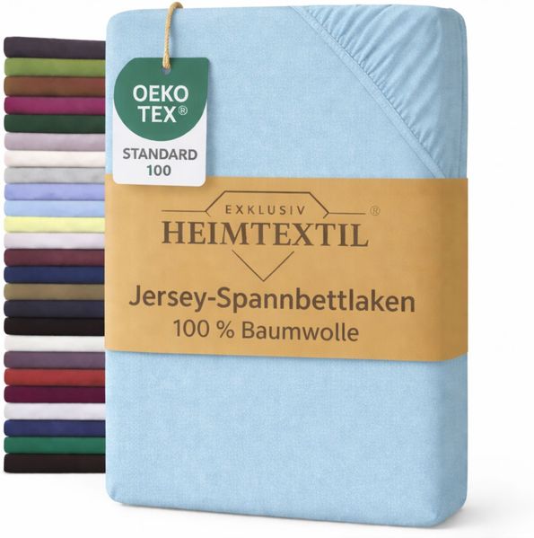 EXKLUSIV HEIMTEXTIL Marke Jersey Spannbettlaken 100 x 200 cm Hellblau 100% Baumwolle Öko - Tex Zertifiziert Bed-Sheet Bettlaken Spannbetttuch Topper Leinentuch