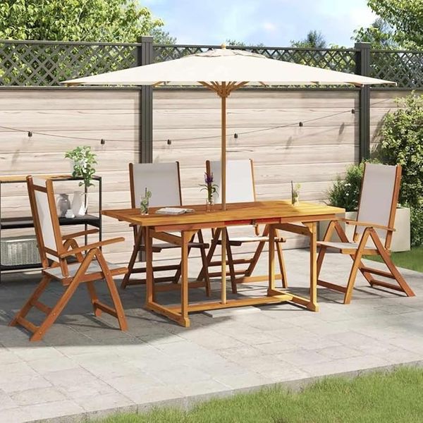 IKAYAA Set aus ausziehbarem Tisch und Stühlen aus Akazienholz (Tisch + 4 Klappstühle) – Vielseitig einsetzbar für Terrasse und Garten