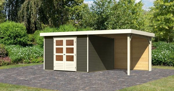 Gartenhaus Askola 6 -302x306 cm mit Anbaudach 2.40m und Rückwand, 19 mm terragrau, Karibu