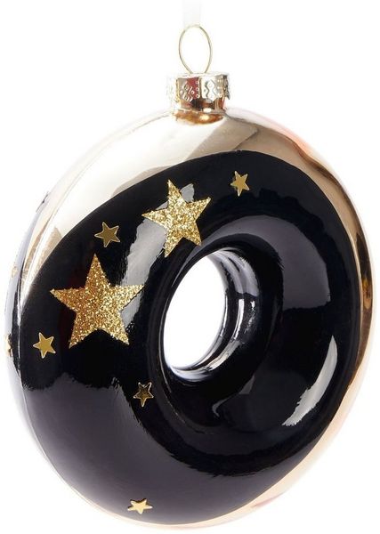 BRUBAKER Weihnachtsbaumkugel Premium Weihnachtskugel Donut - Gold, Schwarz und Weiß Muster (1 St), 10 cm Baumkugel aus Glas - Handbemalt - Luxus Christbaumkugel