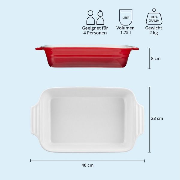 KHG Auflaufform mittelgroß 34 cm Rot 3-4 Personen, Steingut, (1-St), Antihaft (mit Emaile glasiert)