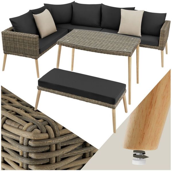 tectake Loungeset Rattan Sitzgruppe mit Sicherheitsglasplatte, schlanke, hohe Beine, (Gartenlounge-set Pula, 3-tlg, geeignet für Outdoor in Natur), wetterfest und UV-beständig, Dicke der Sitzpolster 8 cm