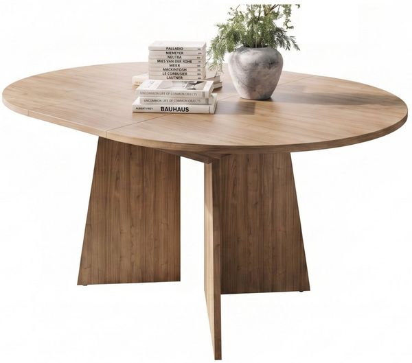 yourhouse24 Esstisch Runder ELENA ausziehbar 120-160 cm Eiche Japandi Design, Synchronauszug, interne Einlegeplatte, stabiles Kreuzgestell