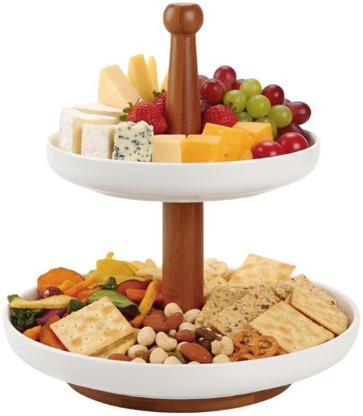 Bambus Etagere mit 2 Keramiktellern - Servierständer für Kuchen, Muffins & Snacks