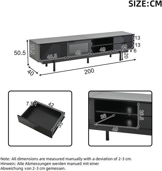 TV-Schrank 200 x 40 x 50,5 cm in Schwarz, mit 2 Türen, 2 Schubladen und Glasfront Bild 5