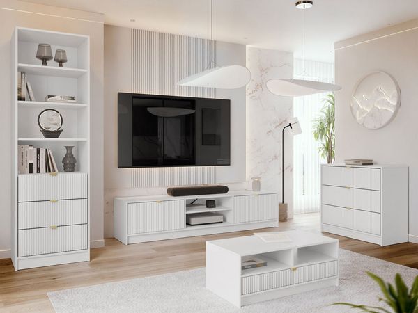 MIRJAN24 Wohnzimmer-Set Tireno VII, (4er-Set, Kommode, TV-Lowboard, Regal, Couchtisch), Aluminiumgriffe in der Farbe Gold
