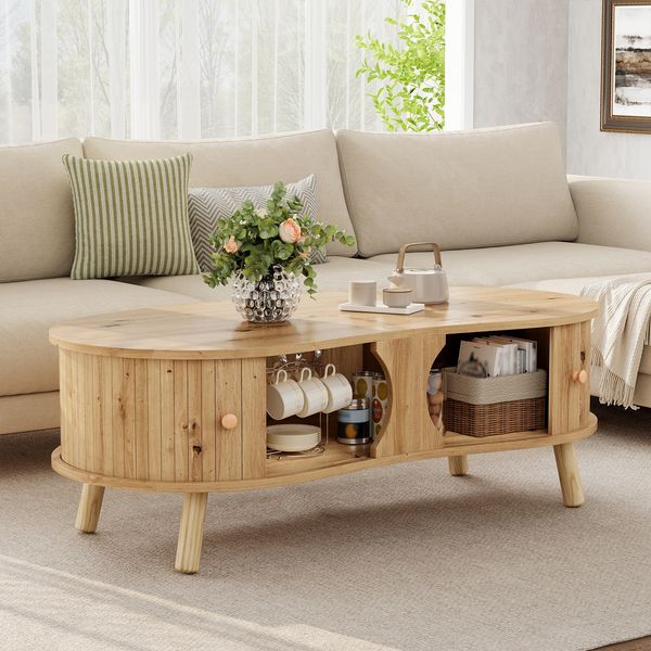 Erbsenförmiger Couchtisch mit Rillenoptik, 2 Schiebetüren, Wohnzimmertisch, Holzoptik, Massivholzbeine, MDF-Material