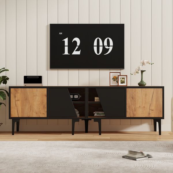TV-Schrank 160 x 36,5 x 45 cm in Naturholzfarbe mit 4 Fächern und 7 PVC-Füßen für ca. 65-Zoll-TV