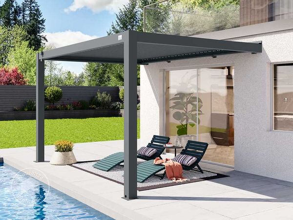 PRIMEYARD Terrassenüberdachung 3x4 m Aluminium-Pfosten mit Lamellendach aus Alu anthrazitfarbene Anbau-Pergola