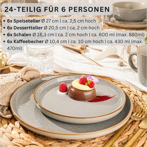 SÄNGER Tafelservice Rio Geschirrset (24-tlg), 6 Personen, Steingut, Handmade, Perlgrau, Erweiterbar, VALUE COLLECTION