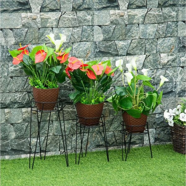 Outsunny Blumenständer Blumenhocker, Blumentopfhalter, Pflanzenhocker für Blumentopf (Pflanzenregal, 3 St, Pflanzenständer), für Garten, Balkon, Schwarz