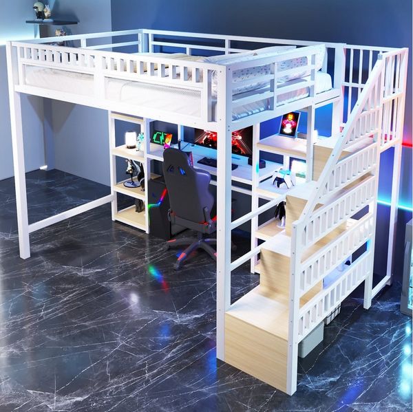 OKWISH Kinderbett Hochbett Metallbett (mit Schreibtisch & Ablagefach – Leiter mit Stauraum, integrierter LED-Lichtleiste und USB-Anschluss, 140x200 cm), ohne Matratze