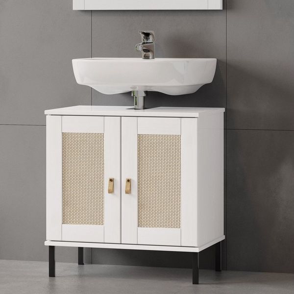 Woodroom Waschbeckenunterschrank Eleganter Massivholzschrank Valencia Badezimmerschrank aus massiver Kiefer lackiert 62x65x40cm