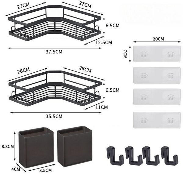 PFCTART Duschablage Ohne Bohren Schwarz Eckregal, Duschregal Schwarz Ecke 2 Stück, Badezimmer Organizer mit 4 Haken, Shower Shelf Dusche Zubehör