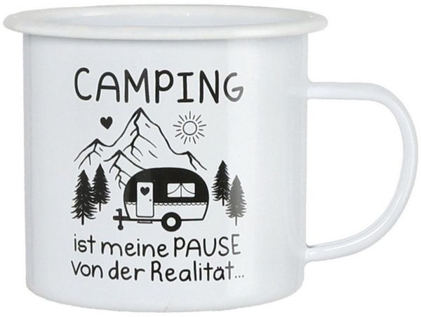 Macosa Home Tasse XL Tasse Metall Weiß Camping 3 vers. Designs, 1-tlg, Metall, Becher 450 ml Metalltasse Metallbecher