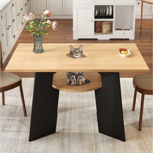 BlingBin Esstisch Esszimmer-Küchentisch mit Haustierbereich & Ablagebrettchen (1er Set, 1-St, Maße: 130 x 85 x 75 cm, Tischplatte: Tragfähigkeit von 40 kg), Beistelltisch Rechteckig für 6 Personen, Naturholz-Schwarz Mix