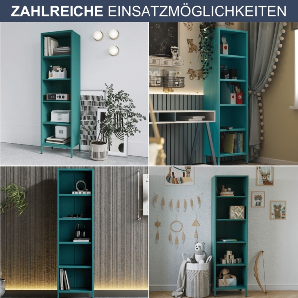 Bücherregal Metall CLIEN - 5 Ebenen, Industrie-Design | Standregal Stahl Metallregal Büro Wohnzimmer Arbeitszimmer, 180x50x35cm Türkis Bild 6