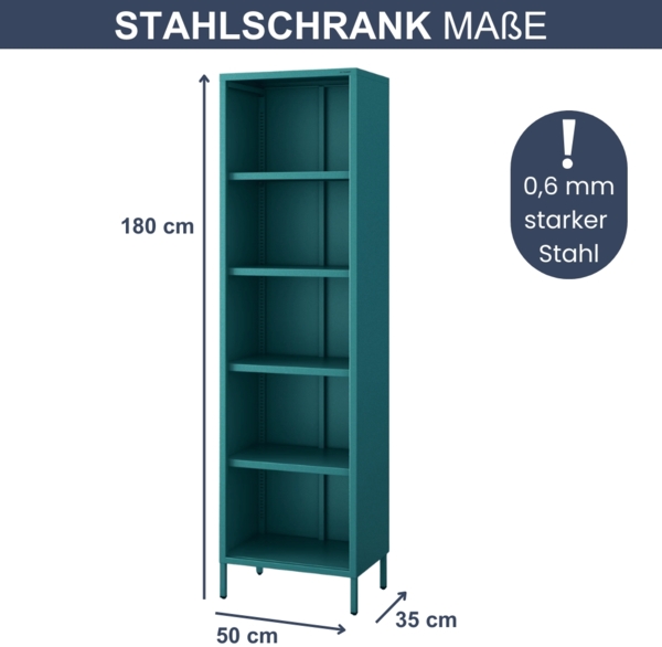Bücherregal Metall CLIEN - 5 Ebenen, Industrie-Design | Standregal Stahl Metallregal Büro Wohnzimmer Arbeitszimmer, 180x50x35cm Türkis Bild 2