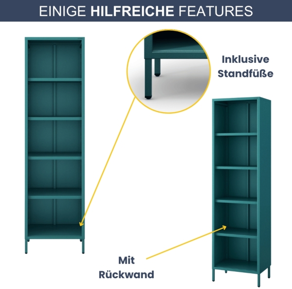 Bücherregal Metall CLIEN - 5 Ebenen, Industrie-Design | Standregal Stahl Metallregal Büro Wohnzimmer Arbeitszimmer, 180x50x35cm Türkis Bild 5