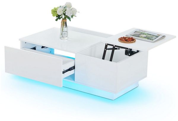JYMTOM Couchtisch mit 2 Schuladen und klappbare Tischpaltte, moderner Sofatisch, aus MDF L100cm*B50cm*H35cm (klappbar und Schubladen, weiß)