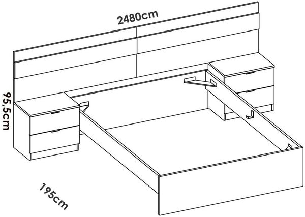 Dmora Doppelbett Haima, Struktur des Container-Betts, Sommier mit Verkleidung, Matratzenhalterstruktur, 267x205 h96 cm, Eiche und Weiß Bild 3