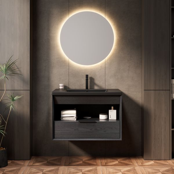 Badezimmer-Waschtisch, Schwimmend integriertes Unterbauwaschbecken aus Keramik abgeschrägte Kante Sperrholzschrank mit Regal und Schublade vormontiert, Sperrholz, Schwarze Holzmaserung, 75 cm